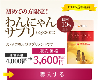 初めての方限定！ 初回10％OFF わんにゃんサプリ（2g×30包）【販売価格】3,600円（税抜） いまなら送料無料 →購入する